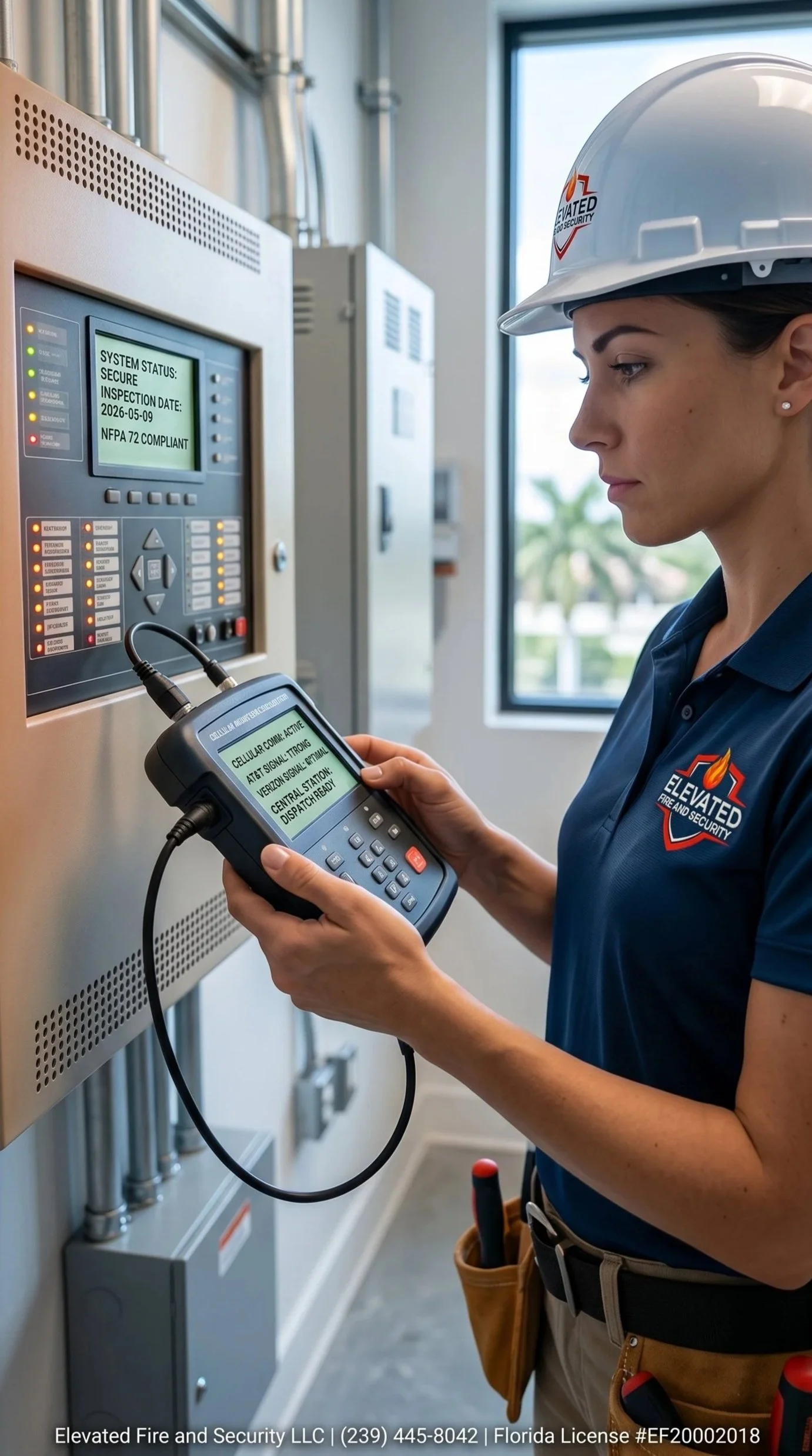 A woman wearing a hard hat and a blue shirt with a security logo inspects fire alarm control panel and tests it with a handheld device in a commercial building.