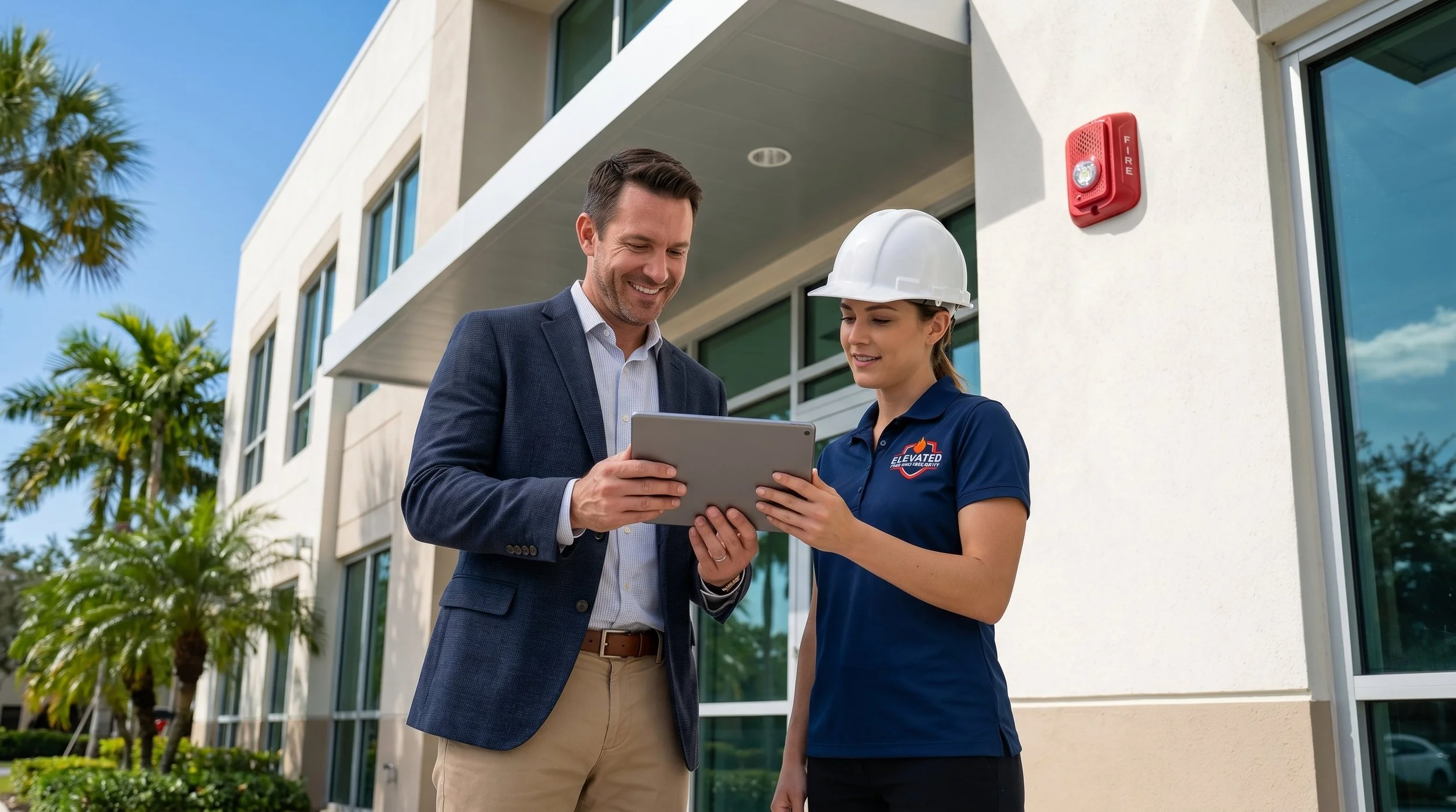 A man in a dark blue suit and a woman in a navy blue polo shirt and white safety helmet are standing outside a modern building. The man is smiling and both are looking at a tablet they are holding together, with the woman pointing at the screen.