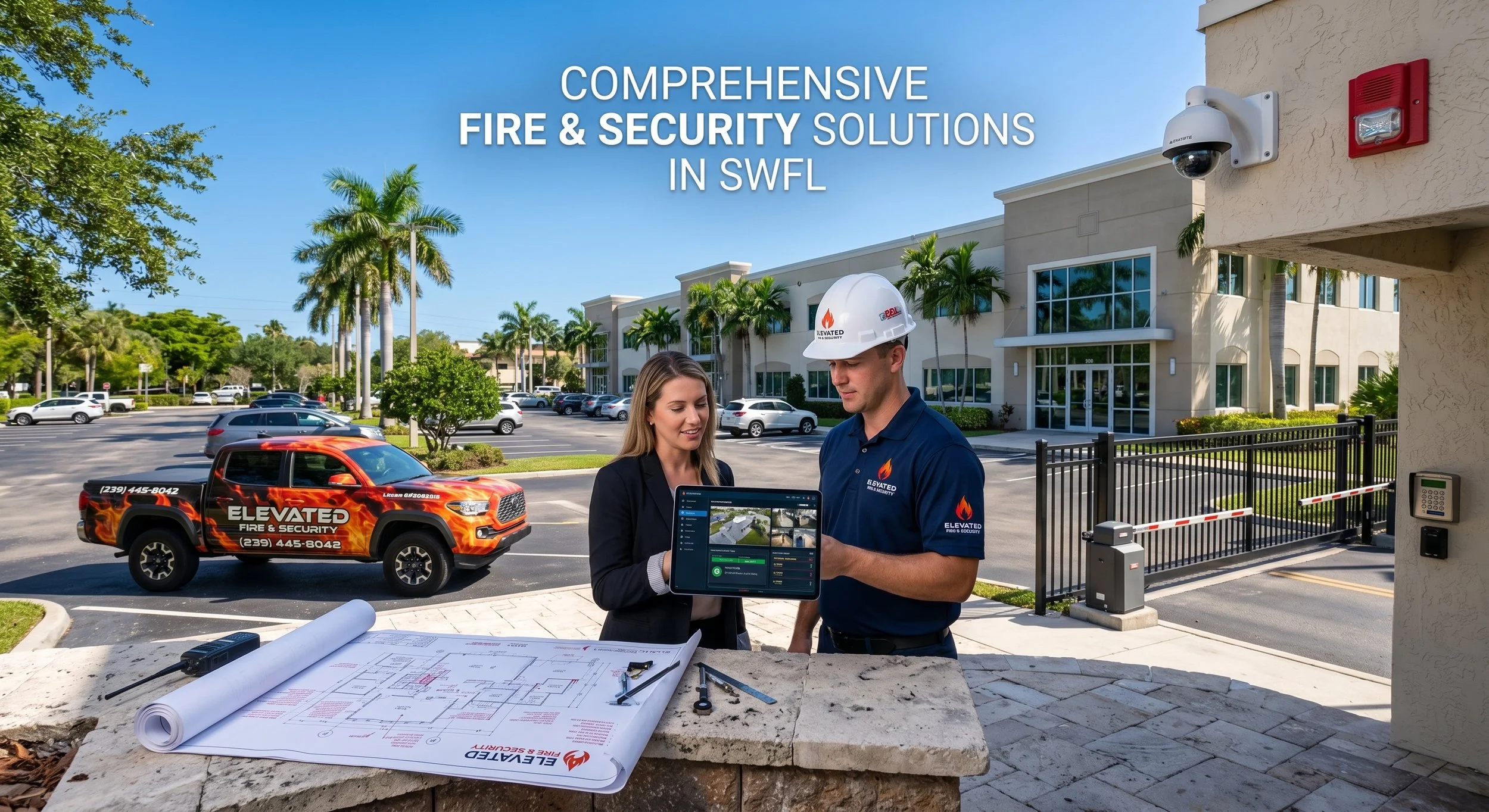 Two professionals, a woman and a man, are discussing fire and security system plans outside a building. The woman holds a tablet, and the man is wearing a hard hat and a uniform with a company logo. Several security devices and a company's branded vehicle are visible, with a parking lot and a building in the background.