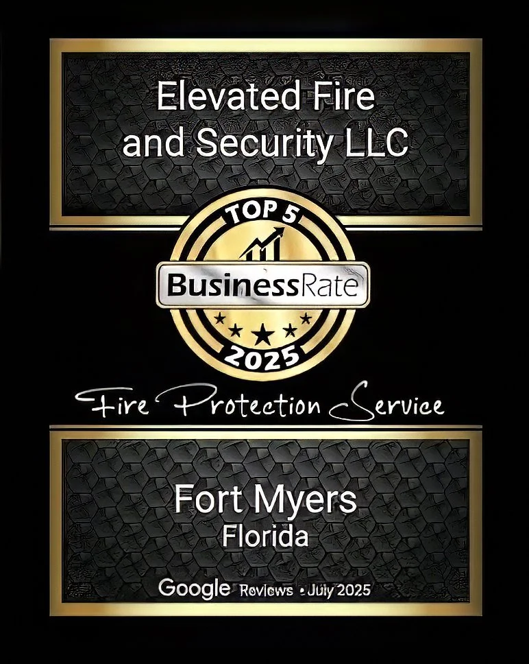 2025 Top 5 BusinessRate award plaque for Elevated Fire and Security LLC, recognizing them as a leading Fire Protection Service provider in Fort Myers, Florida, based on July 2025 Google Reviews
