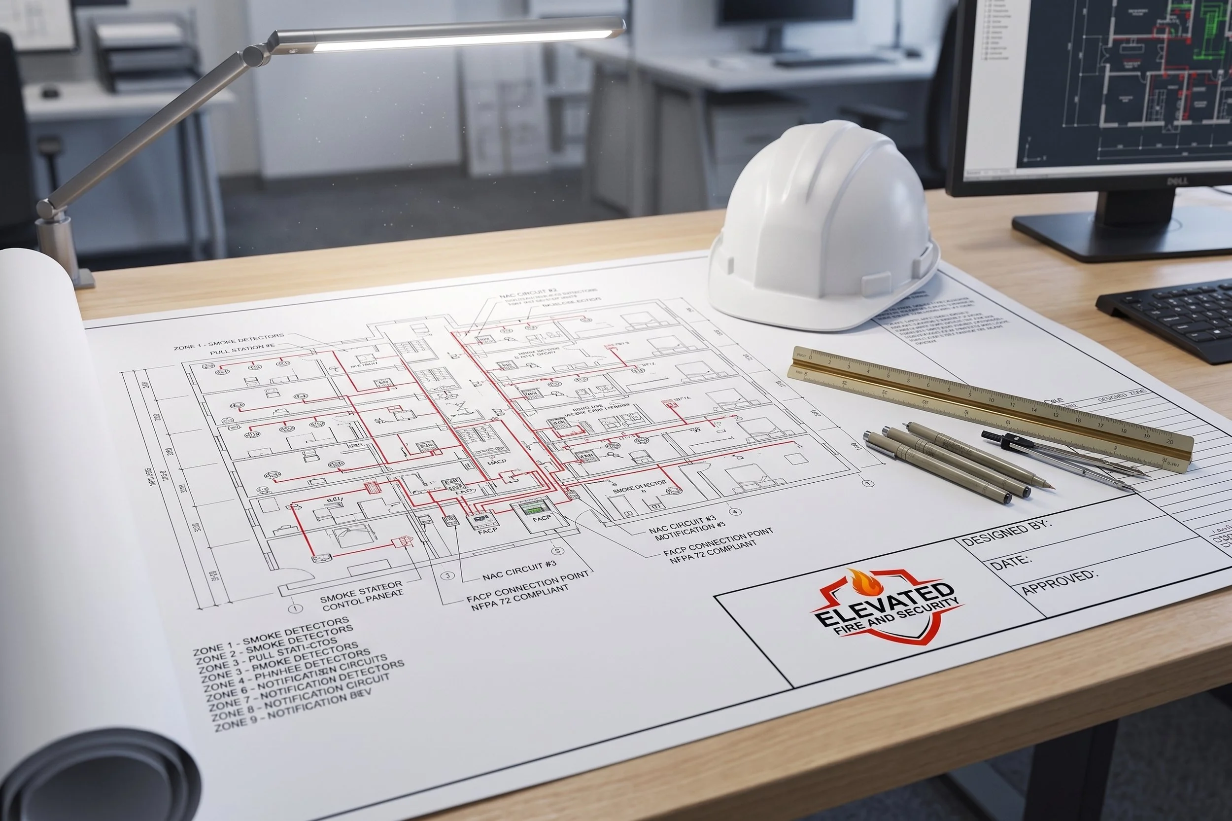 Architectural blueprint of a building layout on a desk with a white safety helmet, a ruler, pens, a desk lamp, a computer monitor displaying a technical drawing, and a keyboard in the background.