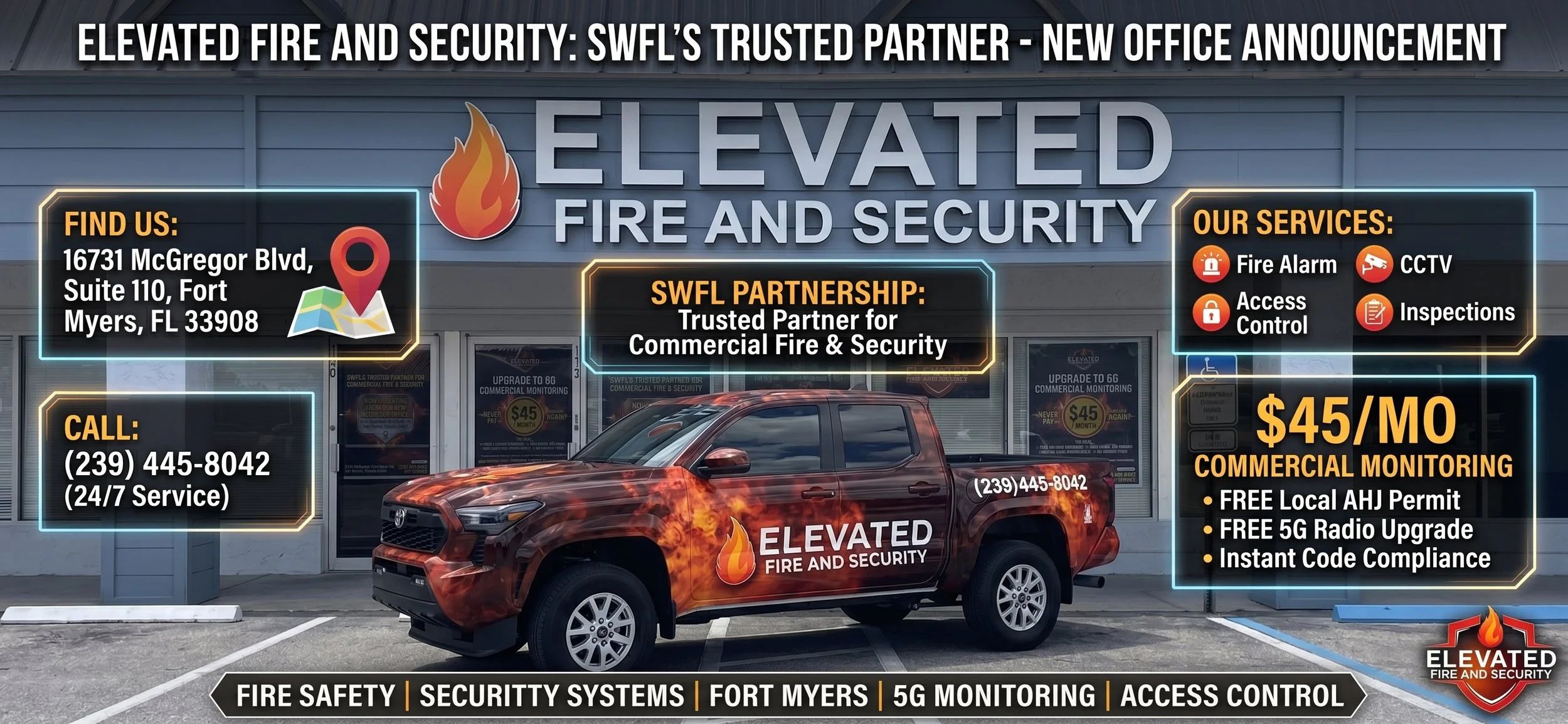 Promotional graphic for Elevated Fire and Security in Fort Myers, Florida, featuring the new McGregor Blvd office, a branded service truck, commercial fire and security services, and a $45 per month 5G monitoring upgrade.