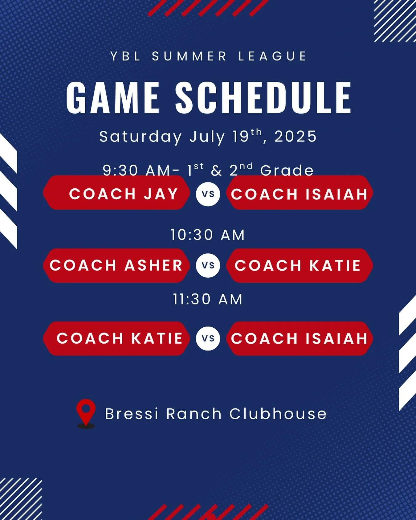 Game schedule for week 1 of Summer YBL 
Important! Coach Ari and Coach Jay’s 3rd–6th grade teams have a bye this Saturday and will not be playing. These teams will make up the missed game with a doubleheader later this season — mor