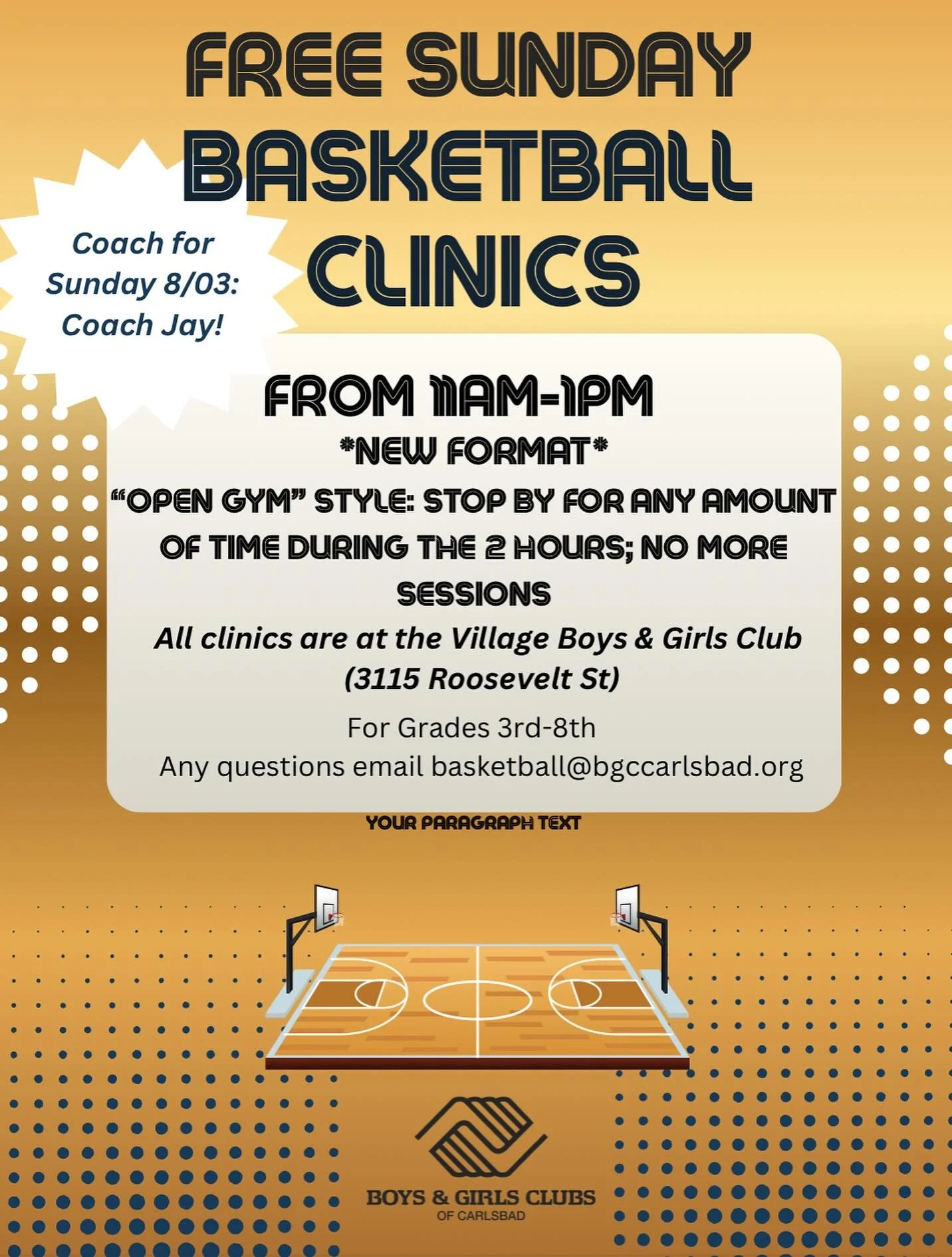 We’re introducing a new clinic format! Stop by whenever during the 2 hours and have your athlete stay as long as they’d like! The times and location remain the same.