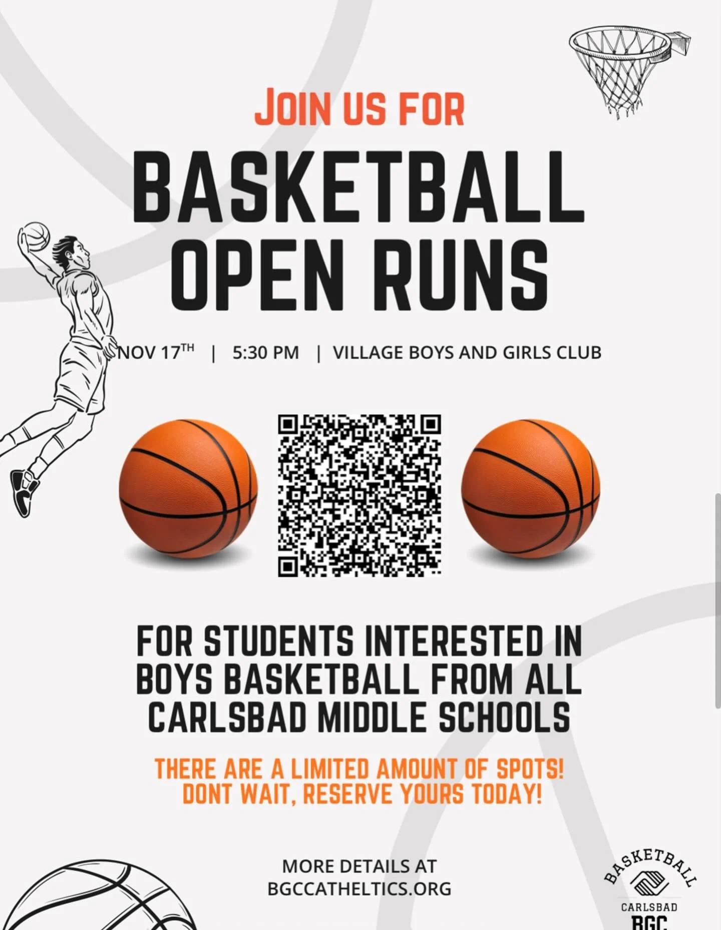🚨CALLING ALL BOYS MIDDLE SCHOOL HOOPERS IN CARLSBAD ⚠️ We&rsquo;re hosting open runs on November 17th so come get some work in before tryouts! Register today, there are limited spots!! Link in bio🔗