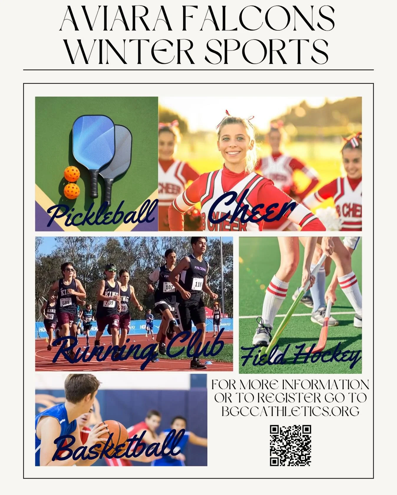 Falcons are taking flight this winter! 
Basketball, cheer, field hockey, running club, and pickleball &mdash;  Falcons are ready to soar. Make sure to register before December 1st! Go to bgccathletics.org #FalconPride @aomsfalcons