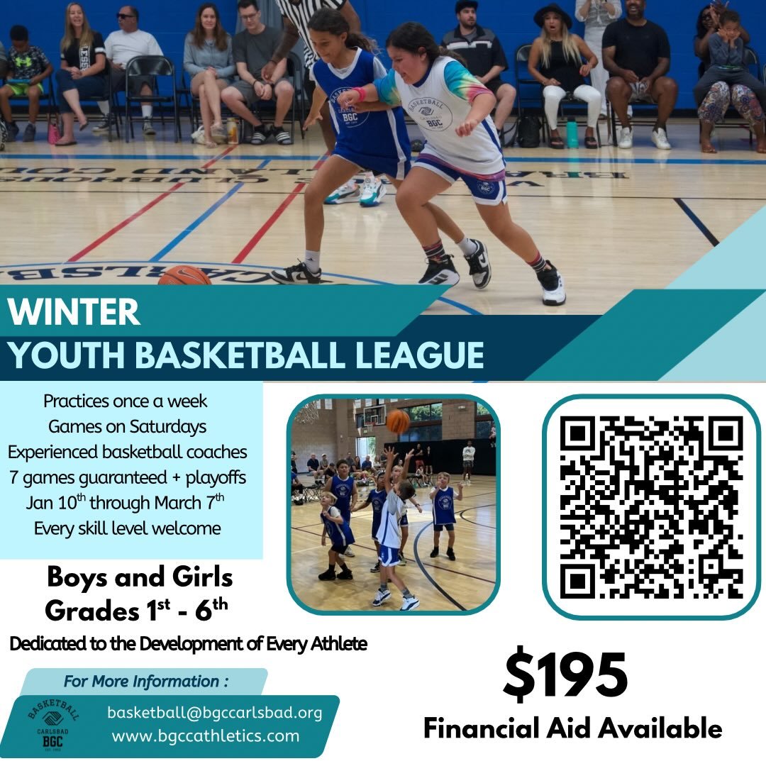Make sure to register for our ❄️ Youth Winter Basketball ❄️ League starting January 10th. 🏀⛹️⛹️&zwj;♀️⛹️&zwj;♂️ Register at bgccathletics.org You have any questions? Email basketball@bgccarlsbad.org for any inquiries.