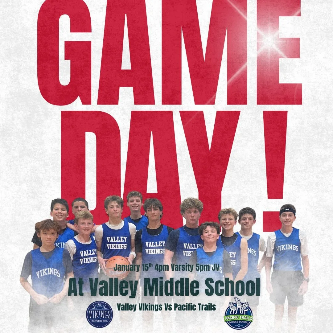 Today Valley Viking take on Pacific trails at Valley Middle School Gymnasium come support your Vikings!
4pm Varsity
5pm JV