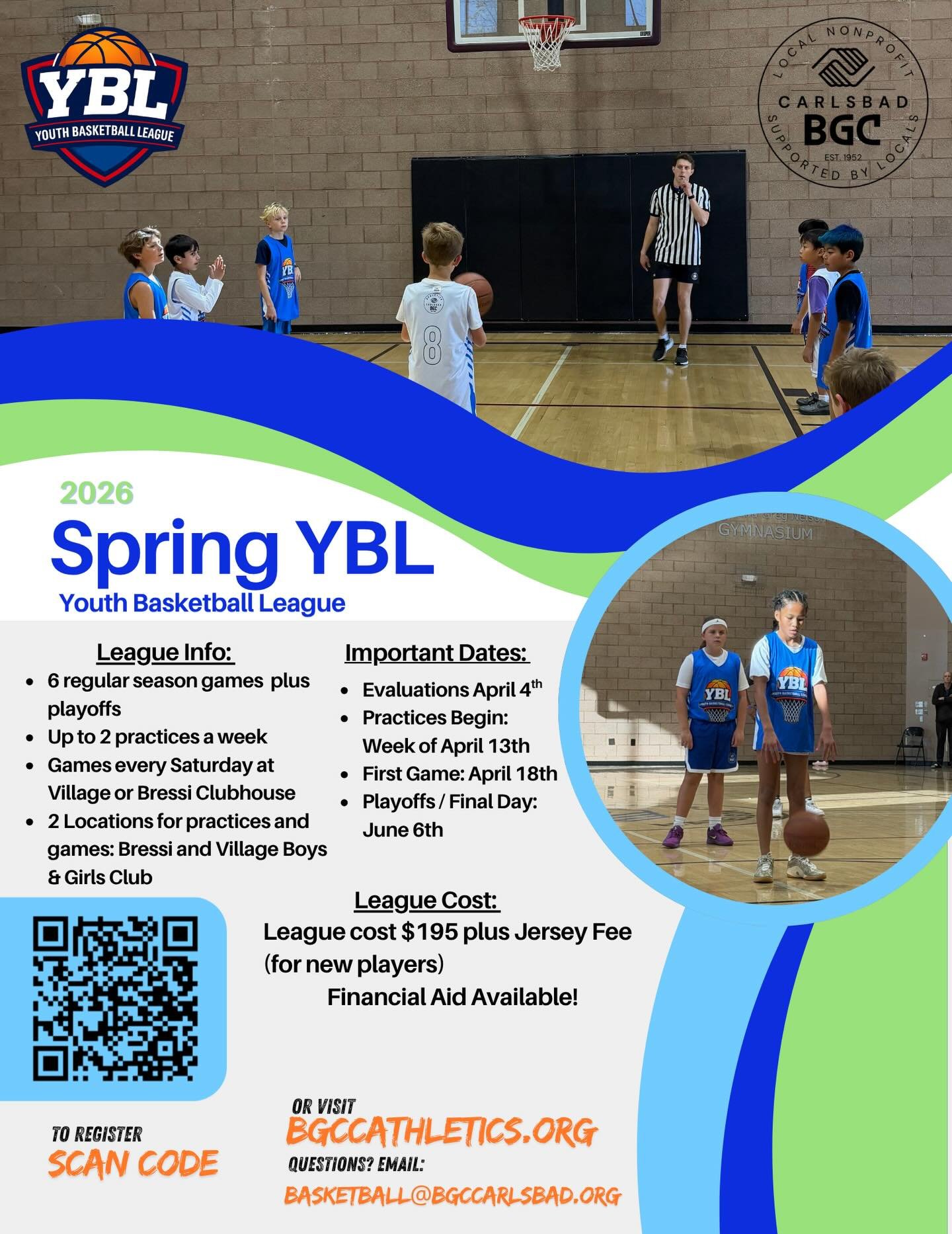 🏀 SPRING YBL IS HERE! 
Join the action at the Boys &amp; Girls Club of Carlsbad this season!
🔥 Led by experienced coaches
📅 1 weekday practice
🏀 Saturday games 
🏆 Playoff Games end of season
Whether you&rsquo;re just starting or ready to compete