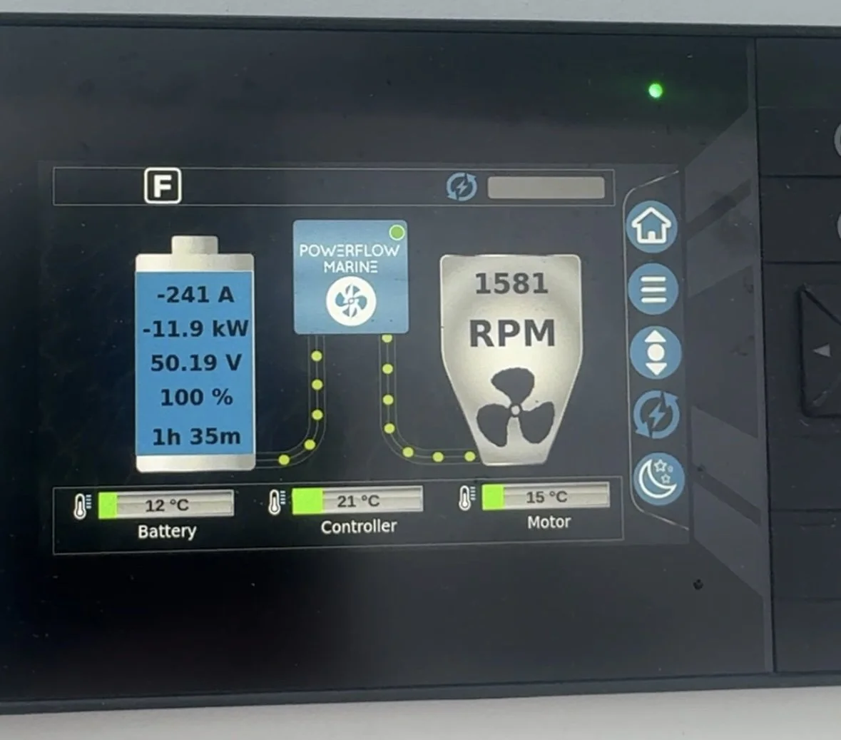 Electric boat motor control panel displaying battery, controller, and motor temperatures, voltage, current, power, and RPM.