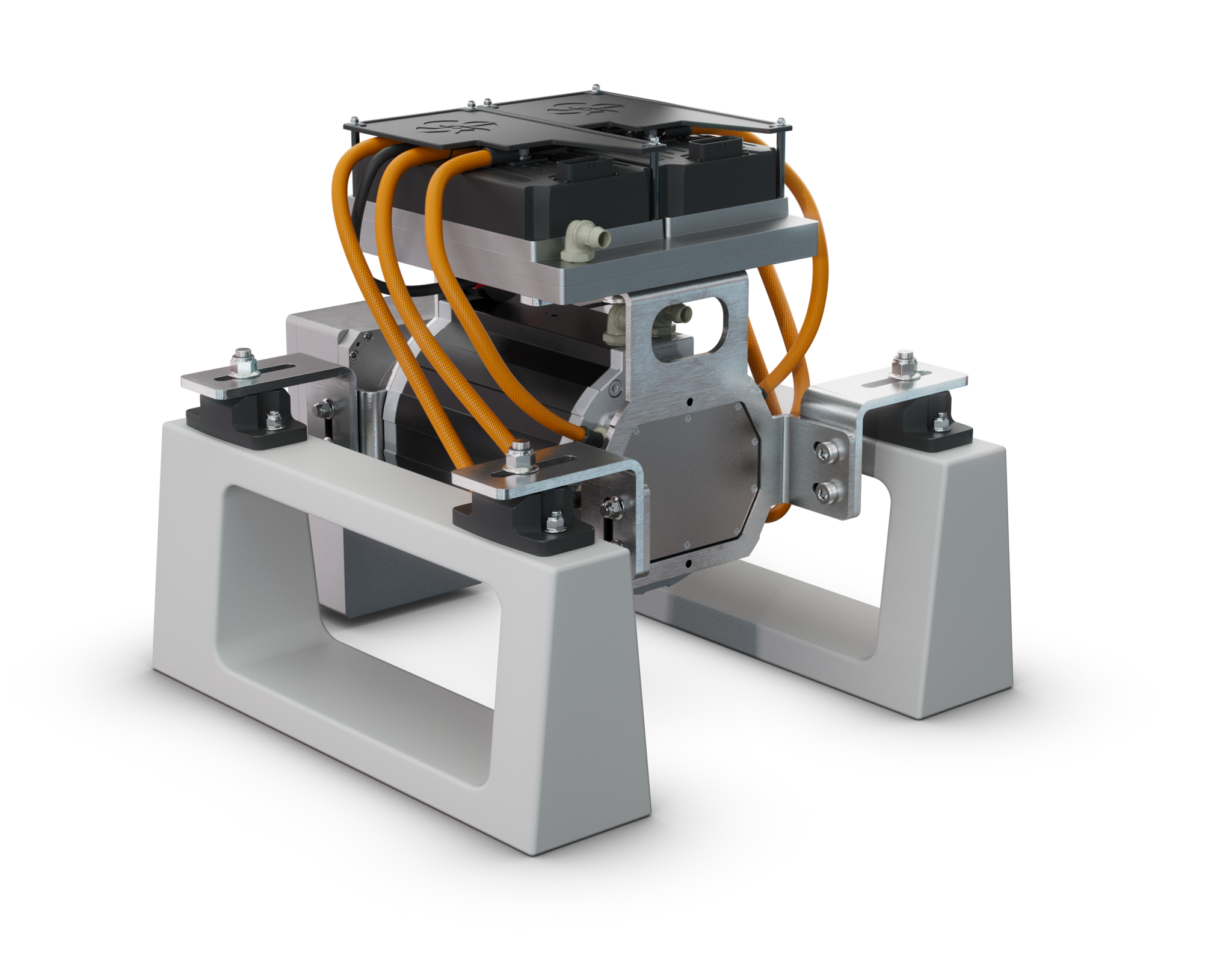 A close-up view of a robotic or mechanical device with orange cables, metal components, and a white frame, set against a black background.
