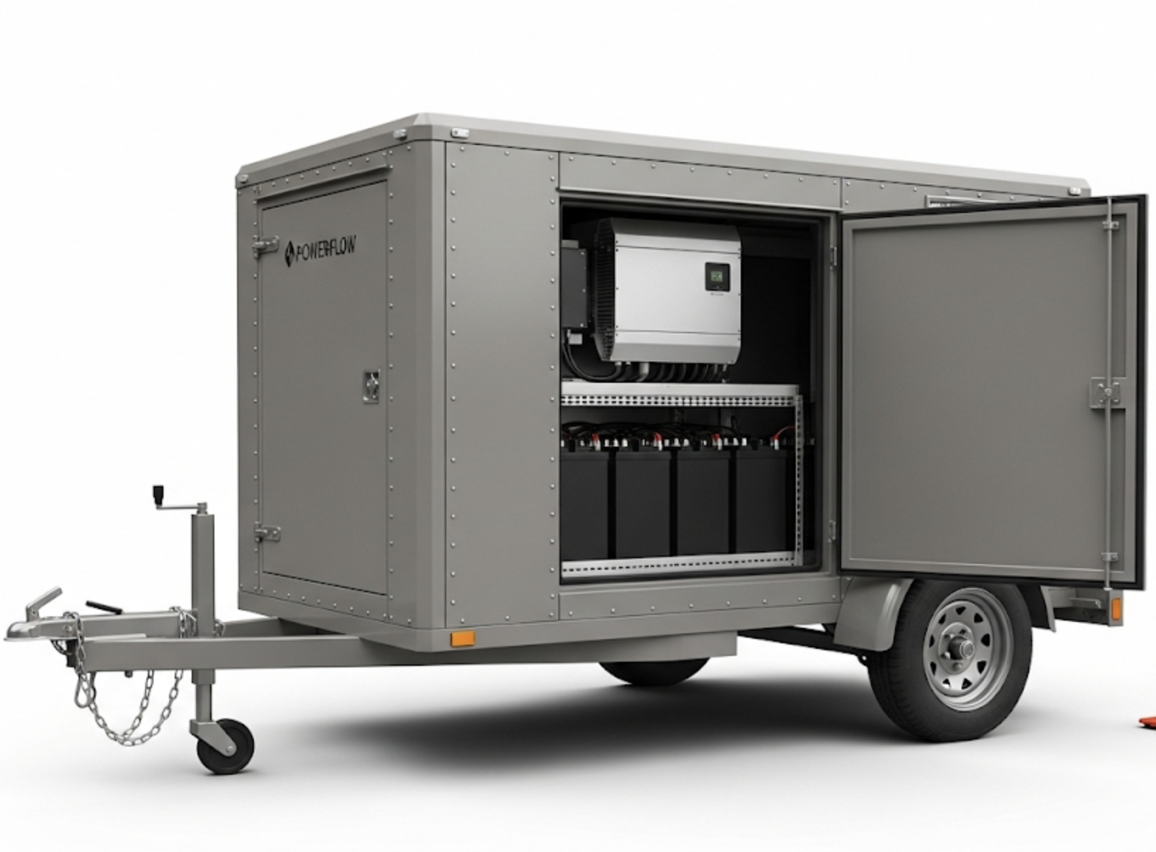 A portable power unit setup with a black-framed enclosure on wheels containing a generator, a blue battery management unit, and a DC inverter. In front are two battery boxes, and a small black DC generator is placed on the ground nearby.