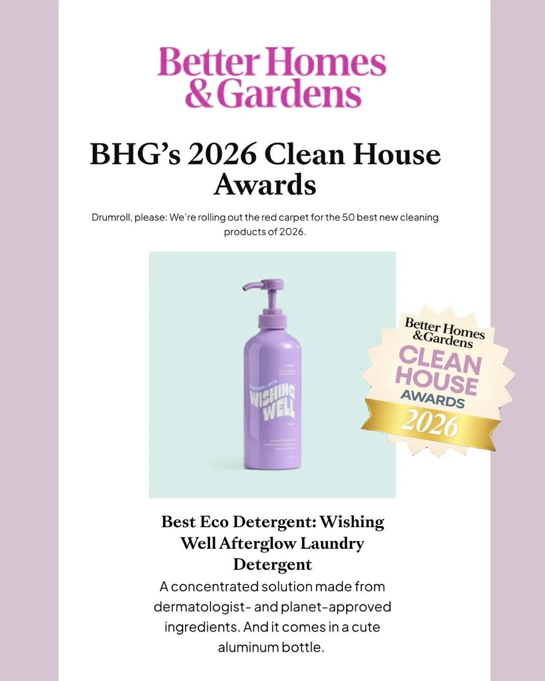 @betterhomesandgardens named @wishingwellwashing the best eco laundry detergent in their 2026 Clean House Awards 🫧🪄 find online and in print now!!