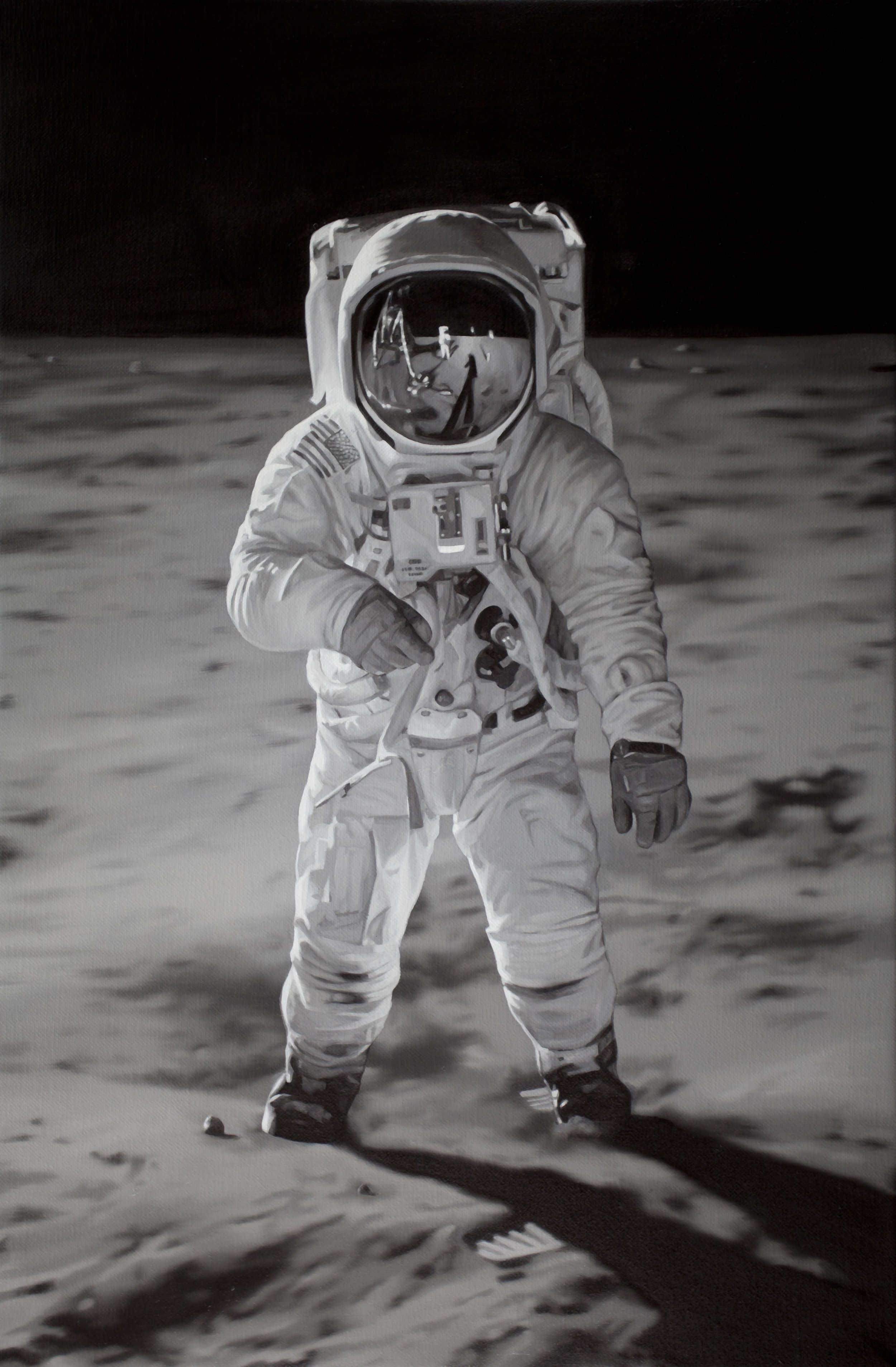 Neil Armstrong reflected in Buzz Aldrin's helmet. Oil on linen 45x30cm