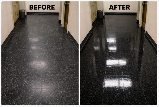 Comparison of a hallway floor before and after cleaning, showing a dull, dirty floor on the left and a shiny, clean floor on the right.