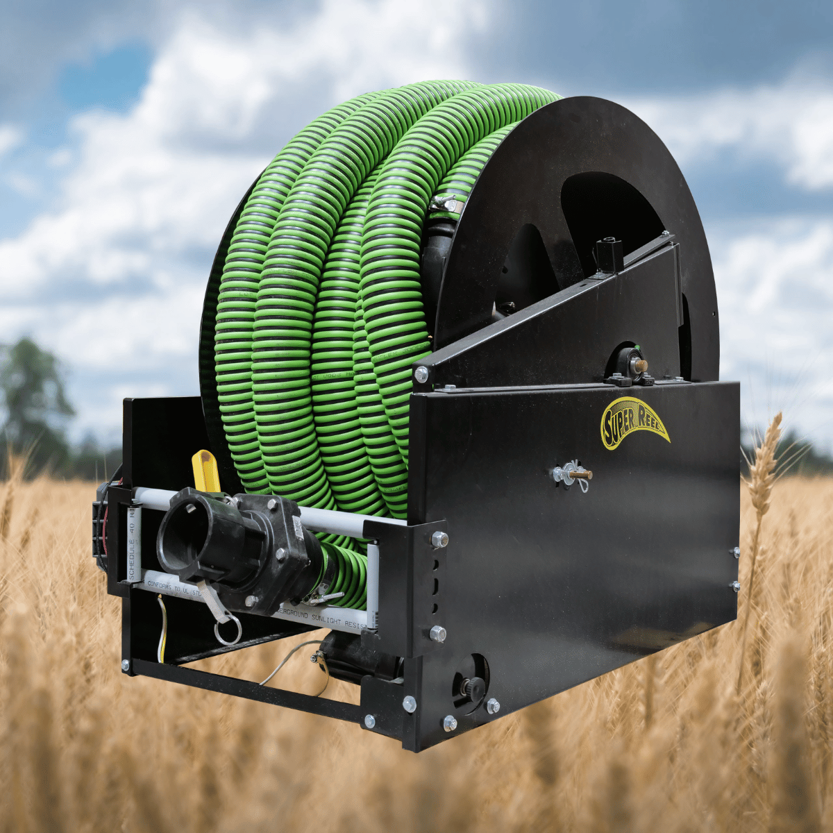 Remote controlled hose reel with 12V motor and stainless steel swivel, featuring guard tubes with side rollers, in Alberta.