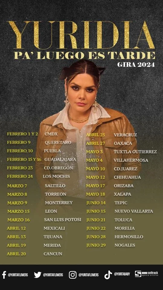 Yuridia, la nueva Reina del Regional Mexicano, regresa con su gira Pa' Luego es Tarde 2024