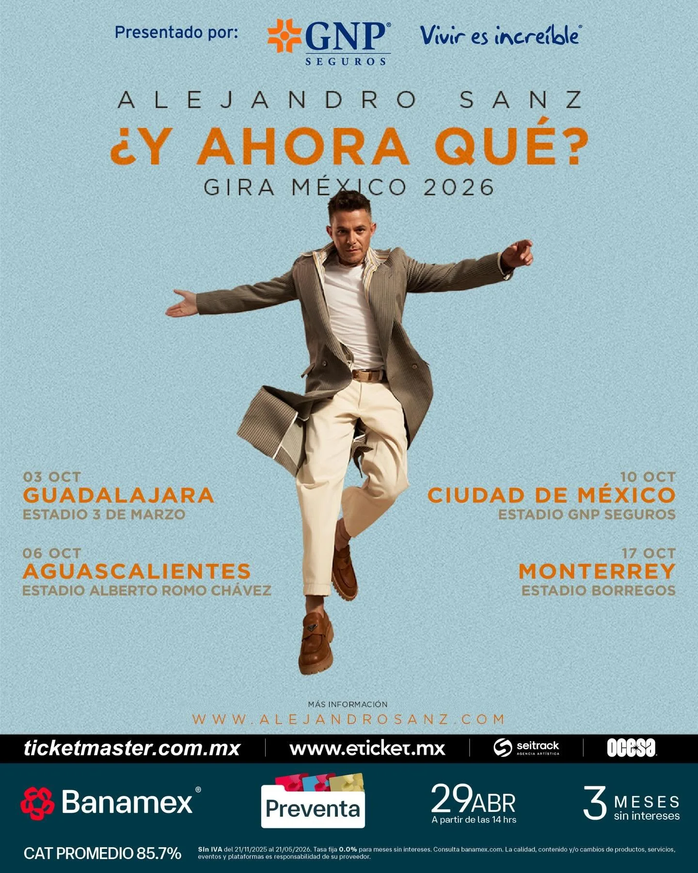 @alejandrosanz vuelve a M&eacute;xico este 2026 porque lo que pasa entre &eacute;l y su p&uacute;blico siempre pide una vez m&aacute;s.

&iquest;Listxs para volver a sentirlo todo?

🎟 #PreventaBanamex: 29 de abril, 2PM (hora CDMX)