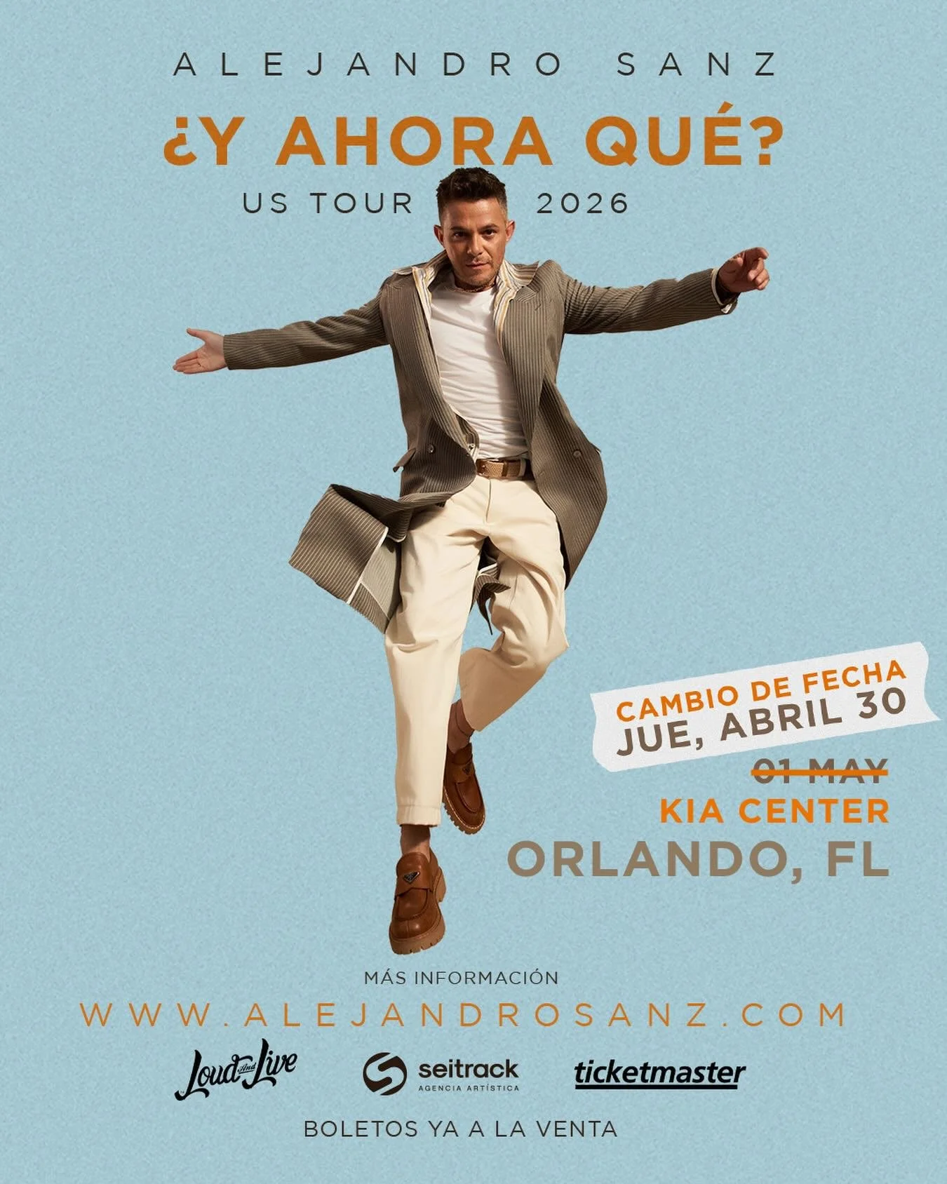 &iexcl;CAMBIO DE FECHA! 🔔 

La gira de @alejandrosanz contin&uacute;a su recorrido por USA trasladando la parada de Orlando a este 30 DE ABRIL.

Las entradas ya adquiridas seguir&aacute;n siendo v&aacute;lidas. Nos vemos all&iacute; para compartir o