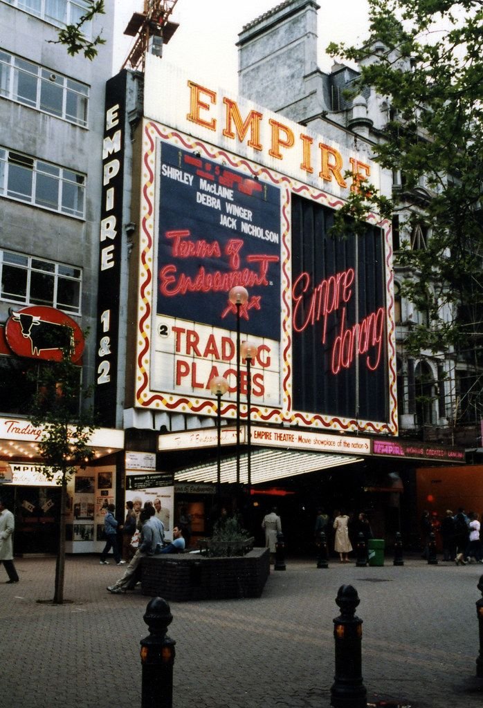 Vintage 1980s photo of bustling Leicester Square in central London, highlighting our cleaning roots in WC2.