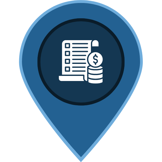 A geolocation tag icon with paper and coins representing taxes