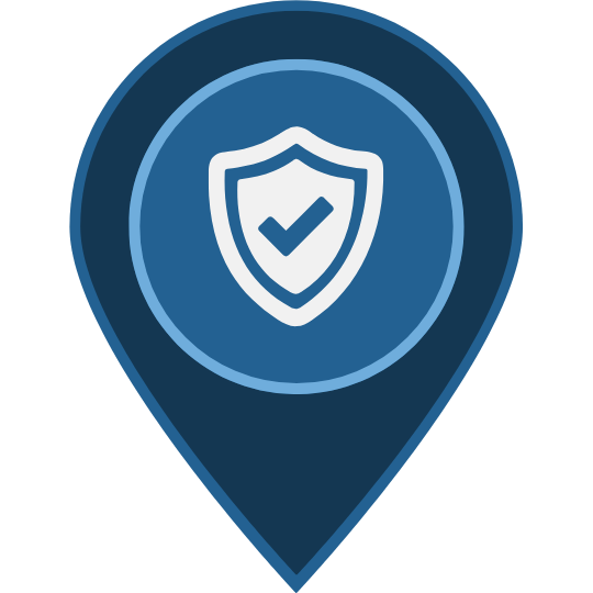 A geolocation tag icon with a shield and checkmark on it