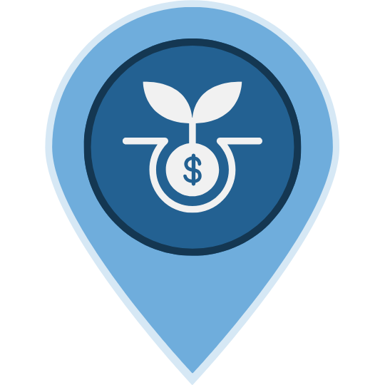 A geolocation tag icon with money growing from the ground on it