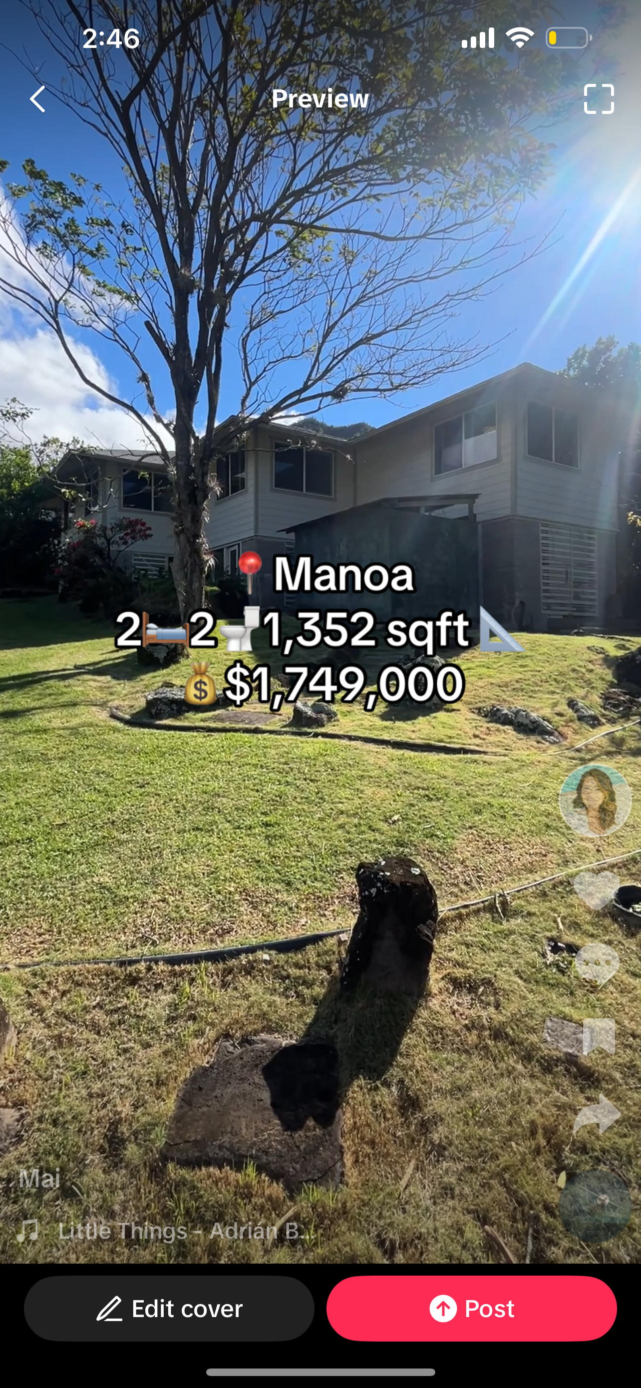 A house with a large yard, a leafless tree, and a clear sky with sunlight. Text overlays indicate property details:
Location: Manoa
Features: 2 bedrooms, 2 bathrooms, 1,352 square feet
Price: $1,749,000