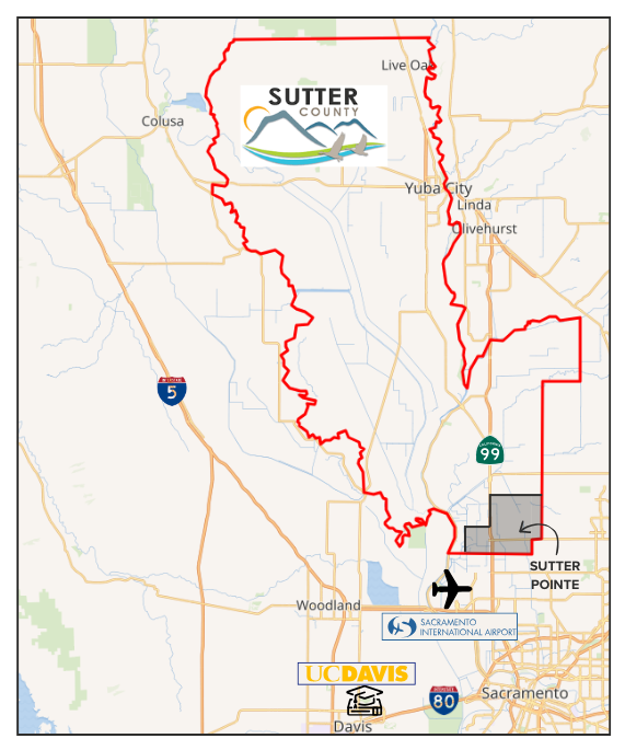 Map of Sutter County, including nearby location highlights and proximity to major highways