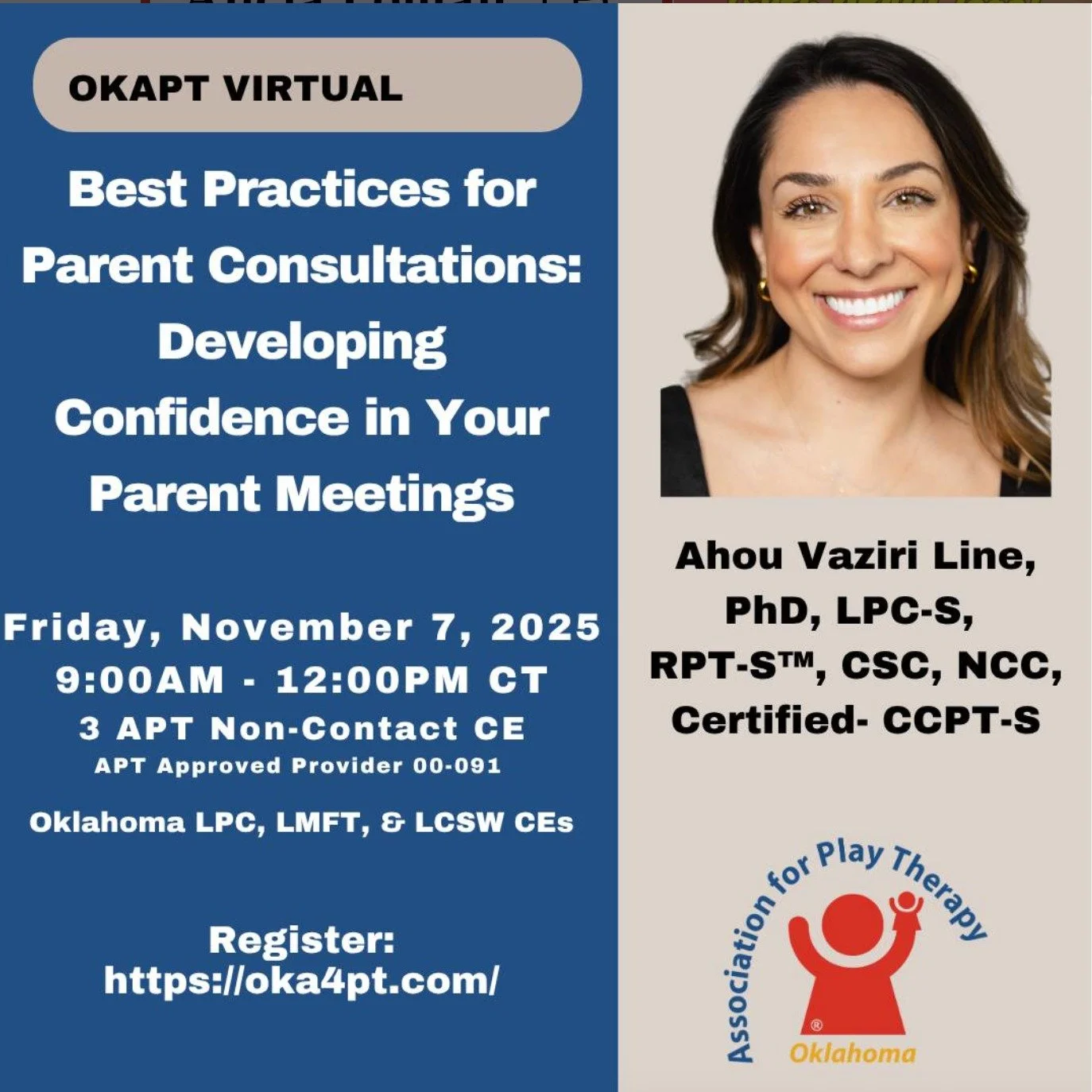 I had a wonderful experience presenting with @oklahomaapt last week! Thank you to all of the fantastic and engaged participants, and thank you so much for having me!

#oklahomaplaytherapy #playtherapy #playtherapytraining #playtherapyworks