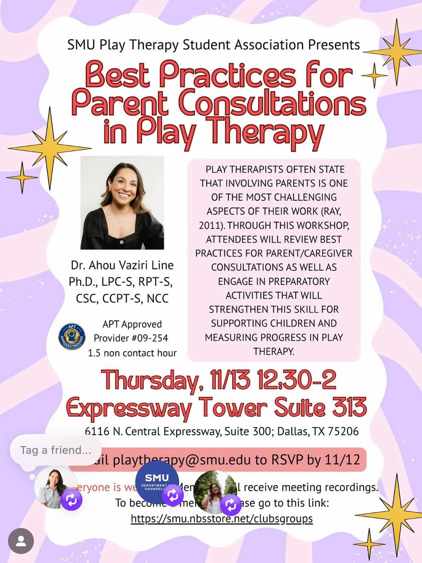 Join me tomorrow at @smu_counselingprogram where I have the honor of presenting for the @smuplaytherapygroup about all things parent consultations! I am so thrilled to be back at my alma mater! I hope I will see many of you there!