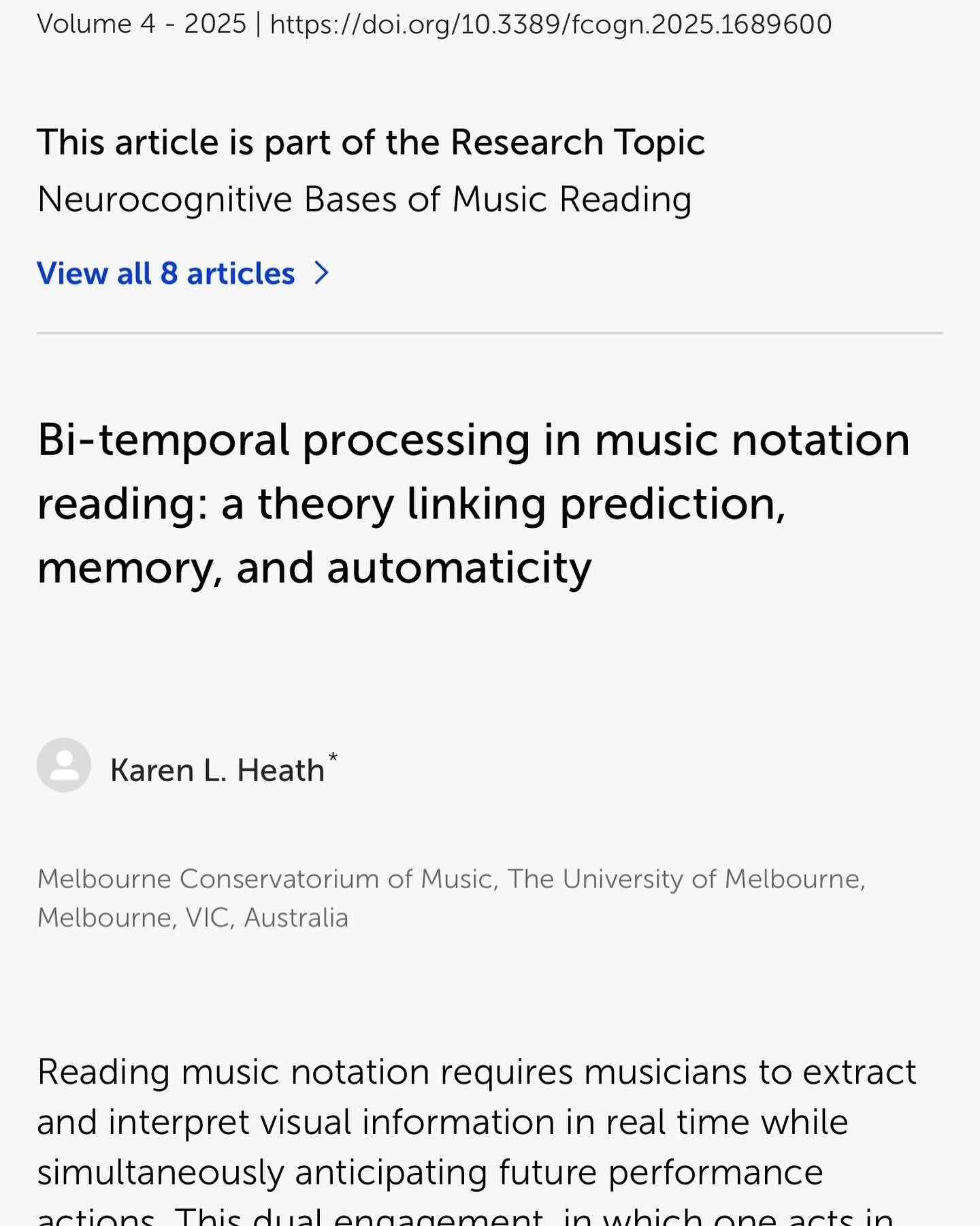 I am thrilled to share my latest publication - this time with Frontiers in Cognition. This article considers the real-world application of music performance. I position dual processing in cognition as a basis for operating in &ldquo;two time zones&rd