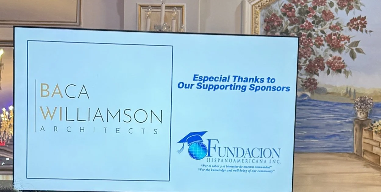 BAWI and Fundación Hispanoamericana logos displayed on the 2026 Scholarship Gala supporting sponsors screen