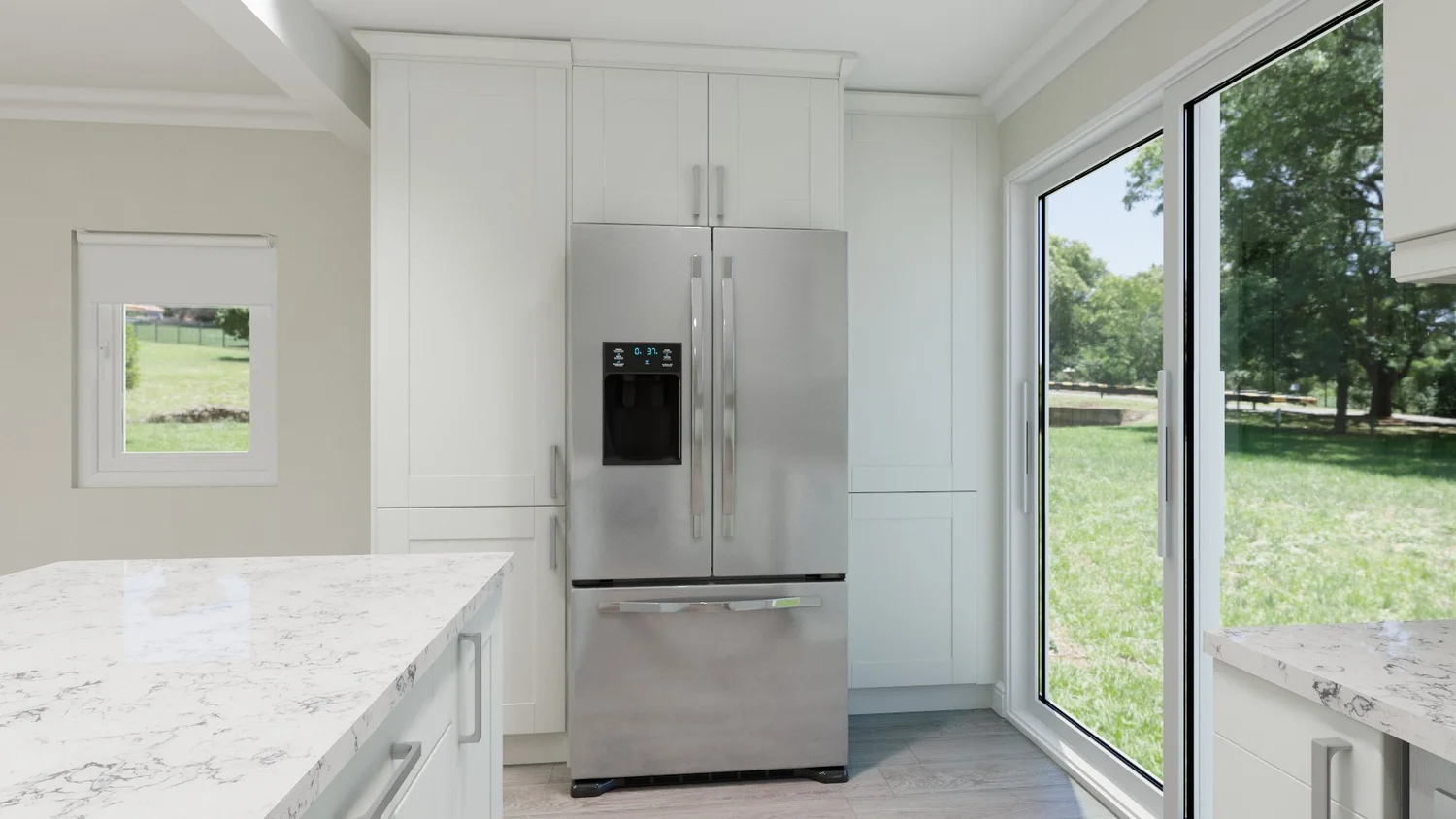 Wantagh kitchen renovation in Nassau County with W8 steel beam coordination, shown from the white kitchen view.