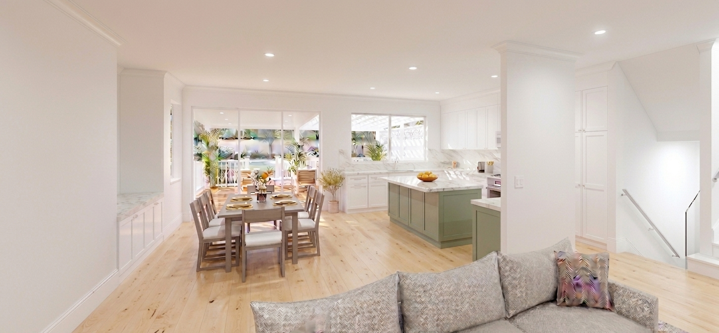 Woodbury residential concept. Kitchen and dining design rendering.