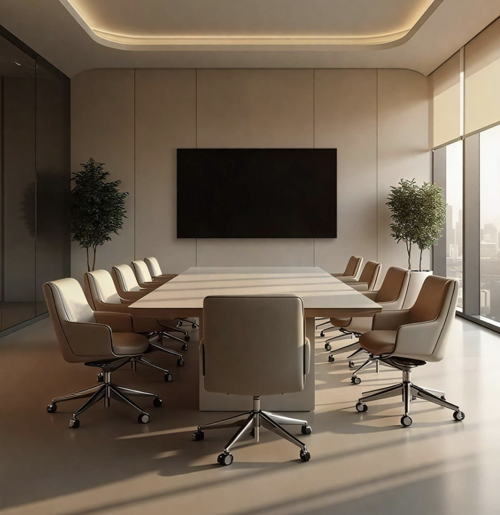 Modern conference room with a large rectangular table, nine beige swivel chairs, two potted plants, and a large flat-screen TV on the wall. Sunlight streams in through floor-to-ceiling windows on the right side.