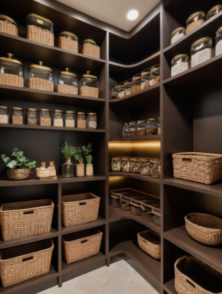 Pantry with dark wooden shelves filled with glass jars containing dry foods, and woven baskets on lower shelves for storage, some with labels and decorative plants.