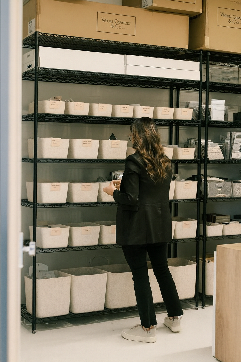 A woman with long brown hair, wearing a black blazer, black pants, and beige sneakers, shopping in a store aisle with metal shelves filled with white storage bins and cardboard boxes.