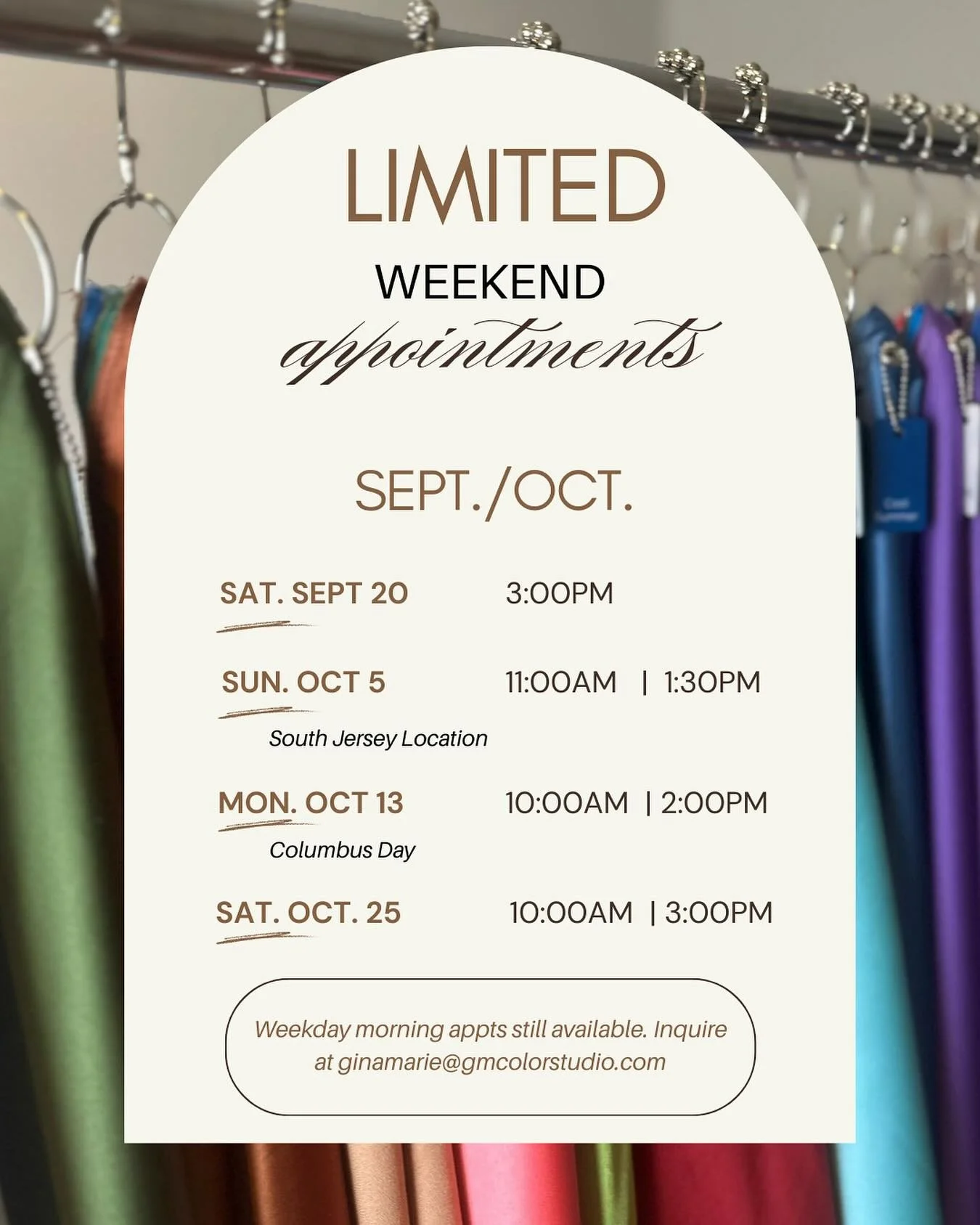 Fall is almost here and already there are only a limited number of appointments left!

Book now before you have to wait until the New Year to get your color analysis! Use my linktree or inquire at ginamarie@gmcolorstudio.com!

I can&rsquo;t wait to s