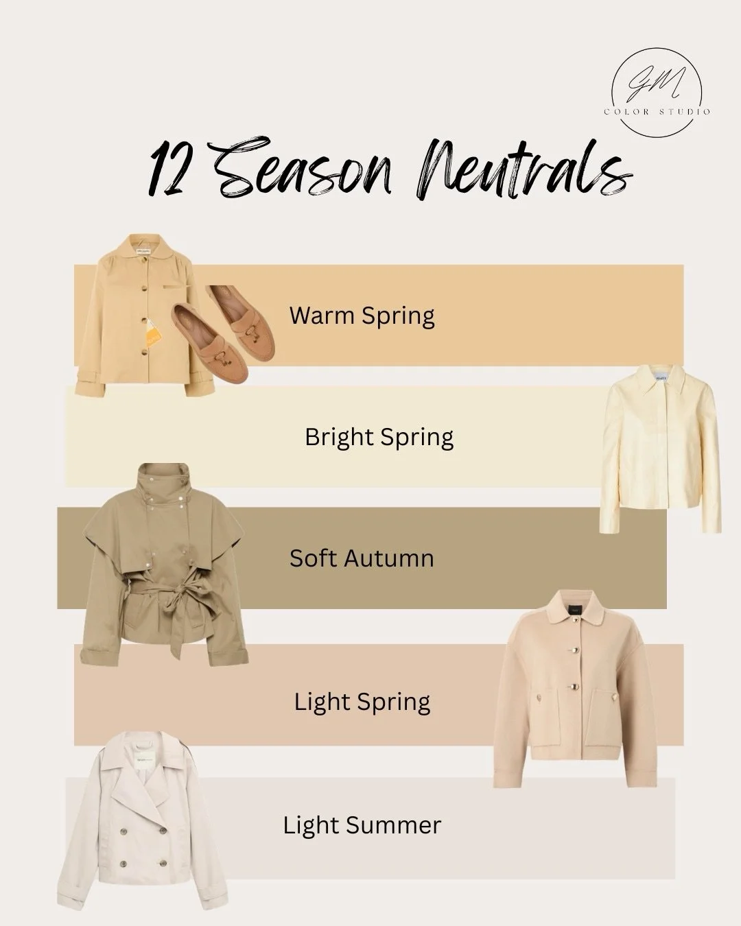 A Visual Representation of Neutrals in the 12 Seasons!

Even as a professional color analyst, sometimes it takes side by side comparisons to really see the difference between tones that sit next to each other seasonally. This visual representation sh