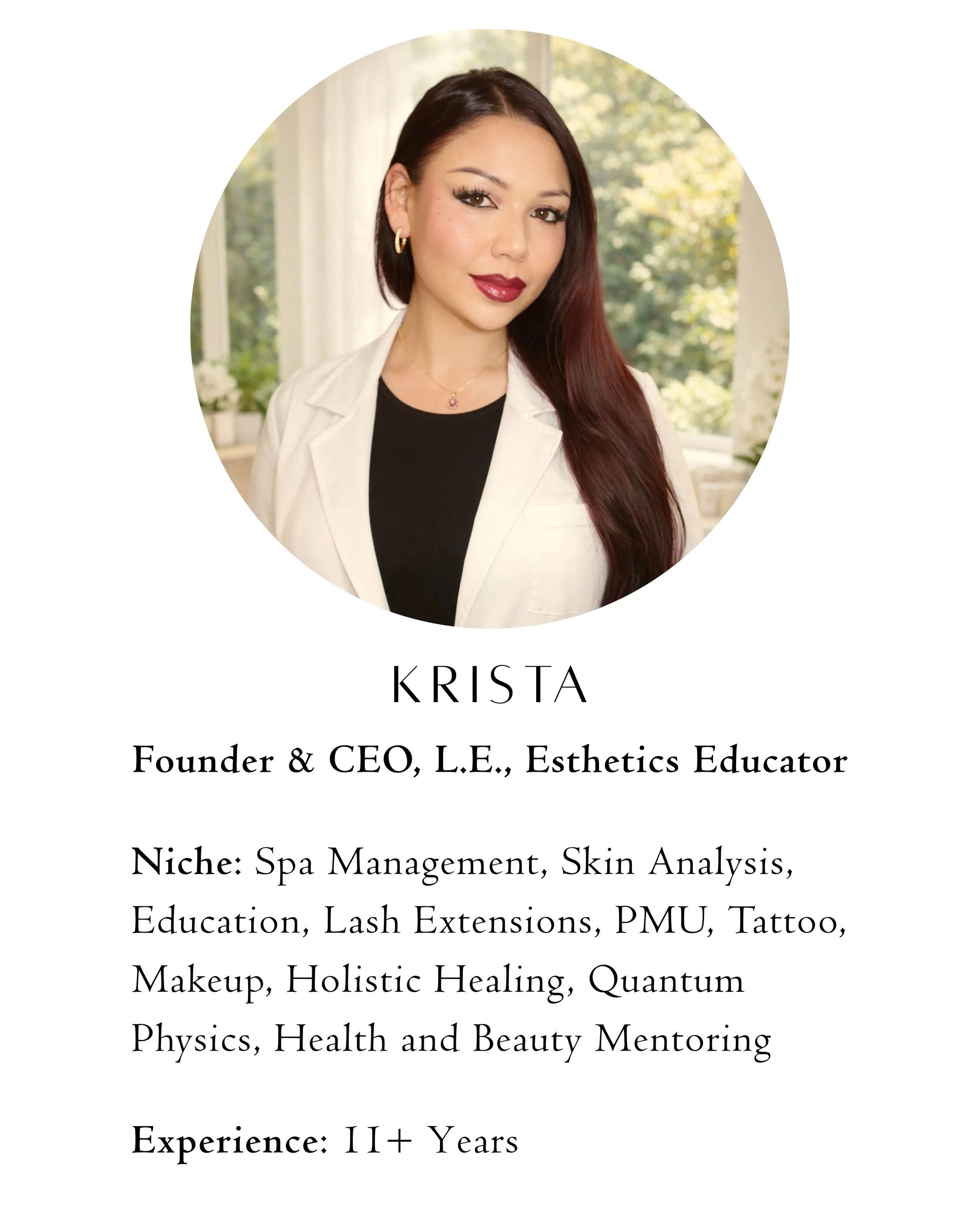 Profile card for Krista, founder and CEO of L.E., esthetics educator, with a professional headshot. The background features a bright window with greenery outside.