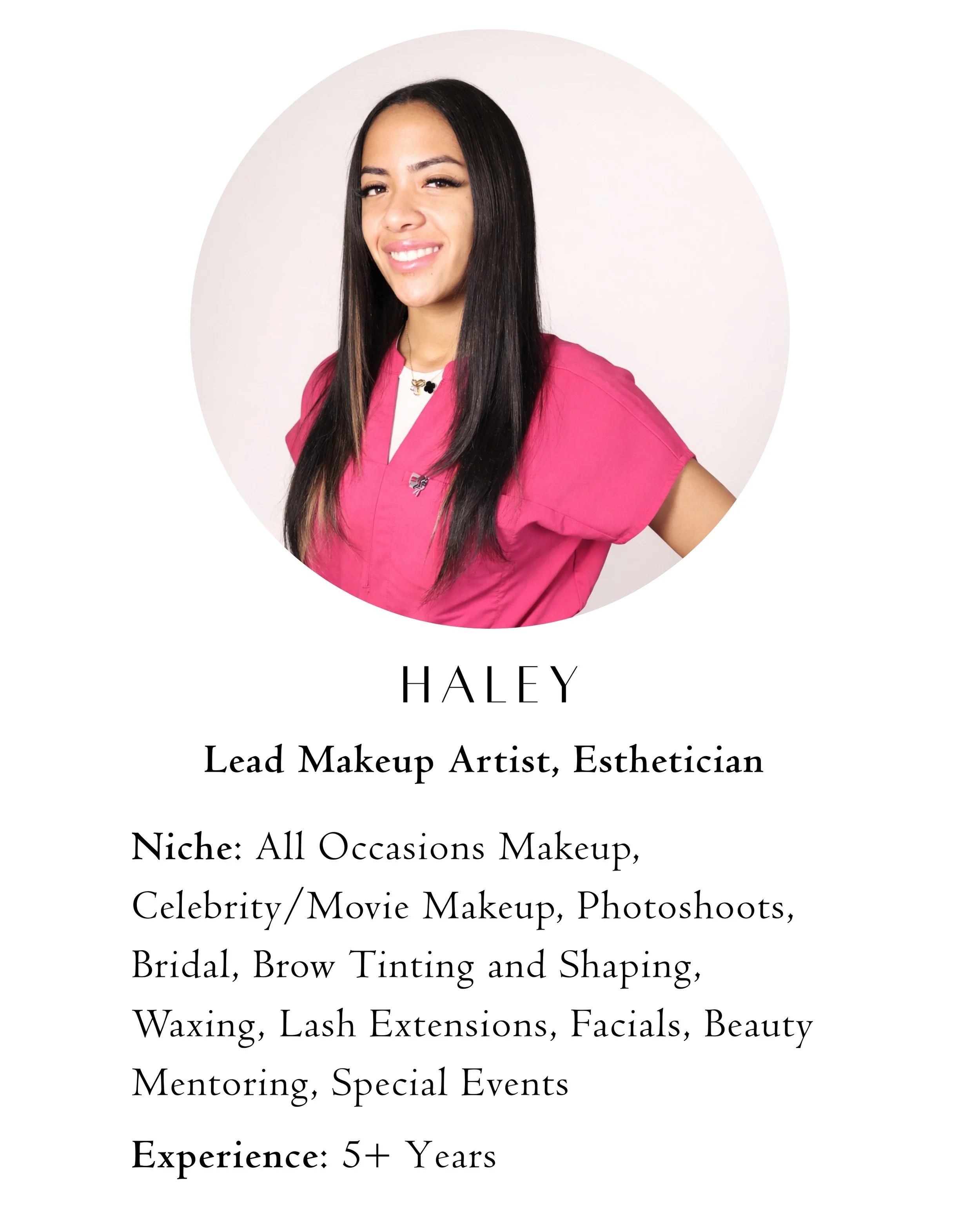 A professional profile card featuring a woman with long dark hair in a pink top, smiling, with her name 'Hailey' and details indicating she is a lead makeup artist and esthetician with over 5 years of experience, specializing in various makeup and beauty services.