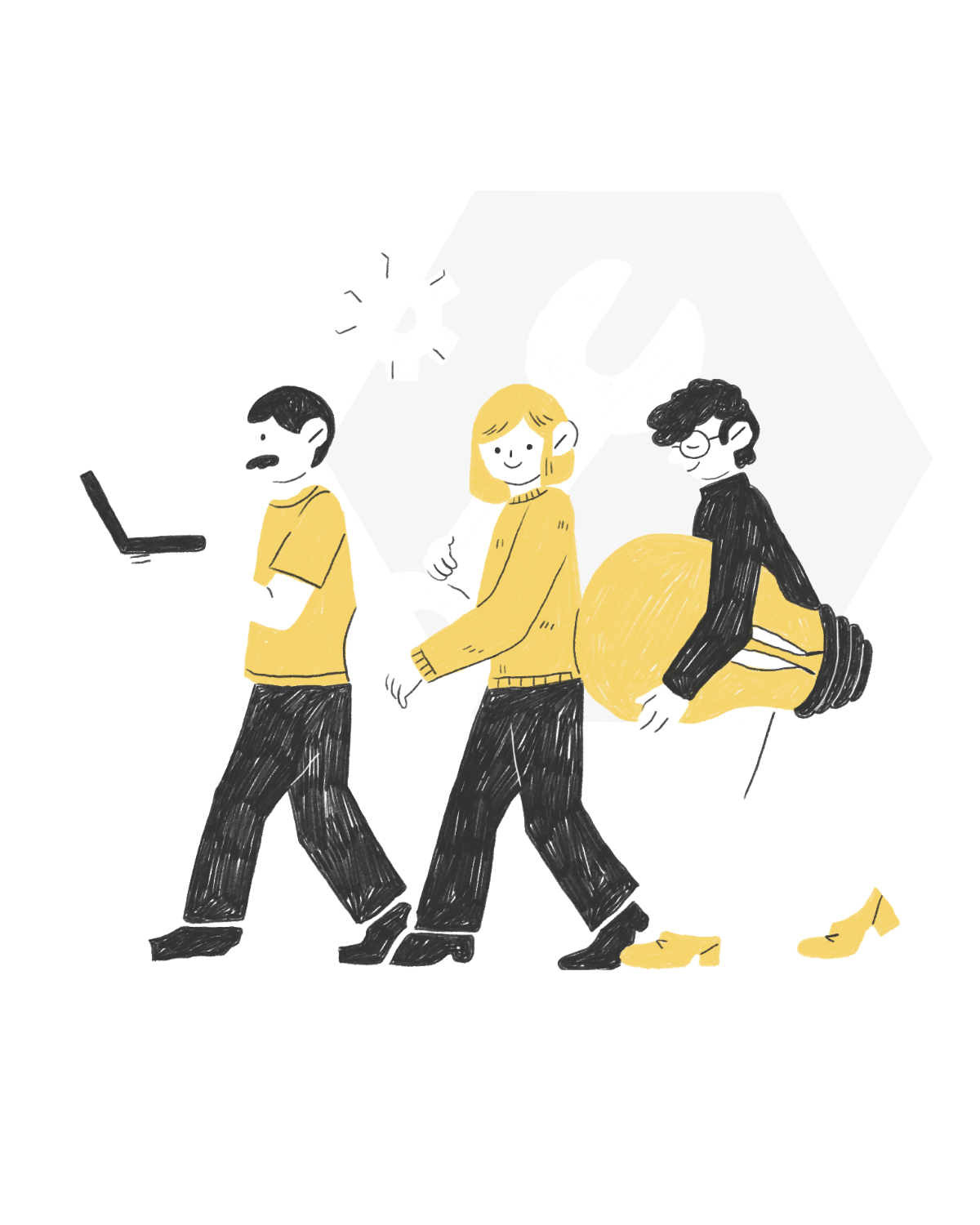 Three young people standing with an art gallery background, two wearing yellow sweaters and one with curly hair and glasses, carrying a yellow backpack, in a casual setting.