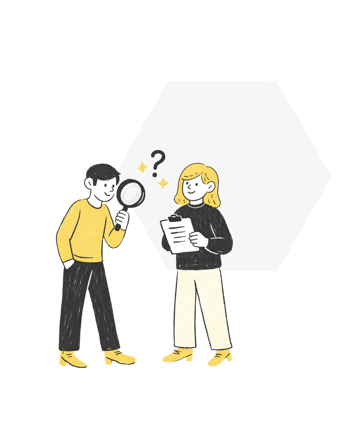 Illustration of a man and woman having a conversation, with the man holding a magnifying glass and the woman holding a clipboard, inside a spotlight. The scene appears to be in an indoor setting.