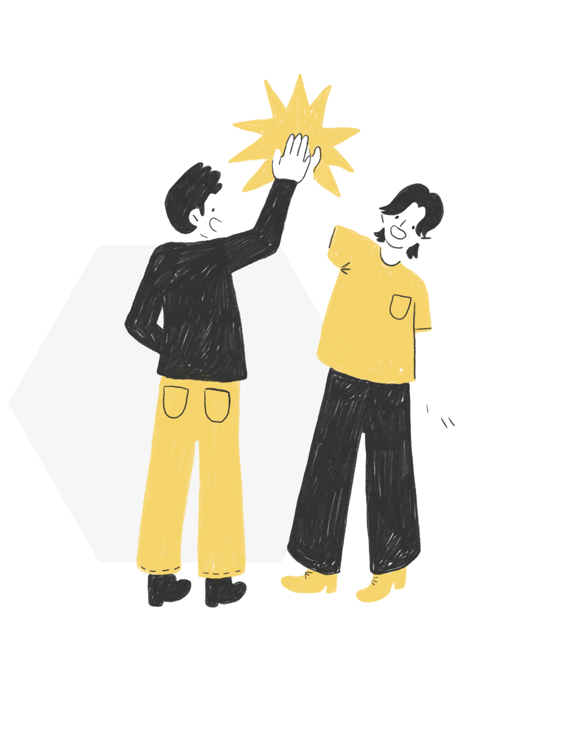 Two people giving each other a high five in a yellow and black-themed room.