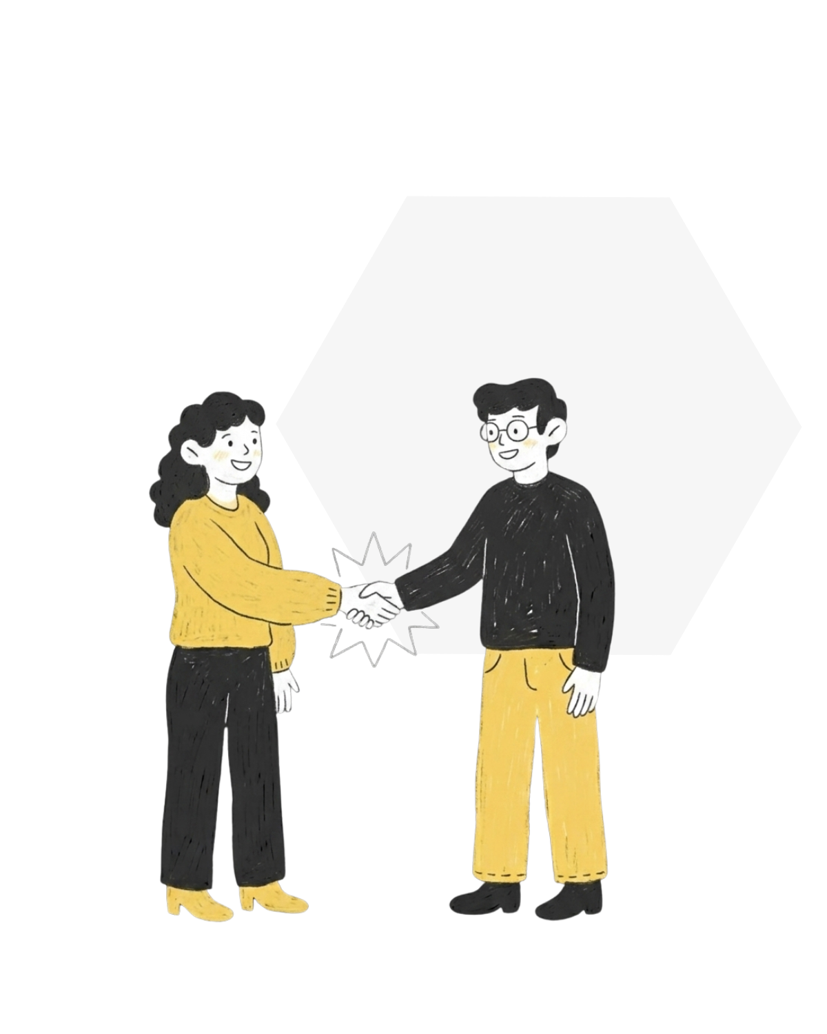 Illustration of a man and woman shaking hands, both smiling, with a starburst effect between their hands. The woman has curly hair, wears a mustard yellow sweater and black pants, and the man wears glasses, a black sweater, and yellow pants. Background features a large white and red geometric shape.