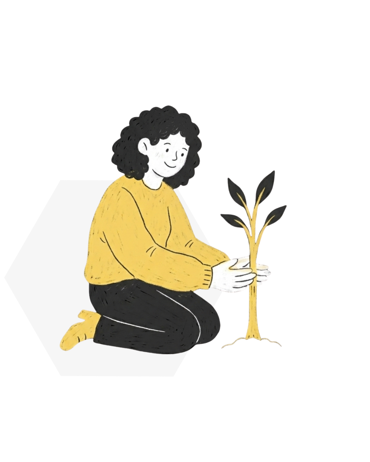 A person with curly hair in a yellow sweater and black pants kneeling down and planting a small tree indoor.