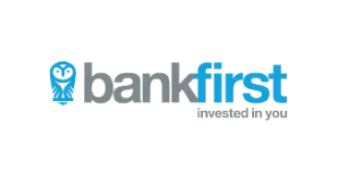 BankFirst logo with text 'bankfirst' and slogan 'invested in you'