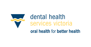 Logo for Dental Health Services Victoria with a blue downward triangle and yellow wave, and the text 'dental health services victoria oral health for better health'.