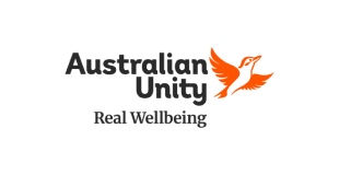 Australian Unity logo with a stylized orange bird and the words 'Australian Unity Real Wellbeing'